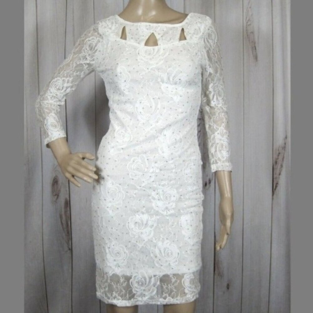 Passarella Small Sheath Dress White Lace Over Glitter 3/4 Sleeve Cutout Neck NEW